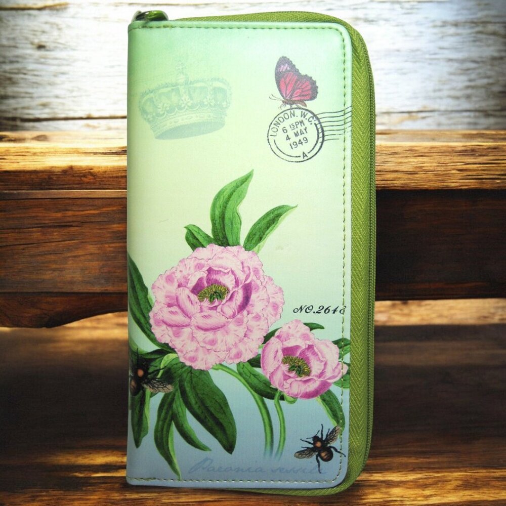 Lavishy Wristlet Wallet Peony Flower and Bee Art Large Wallet, Clutch Wallet